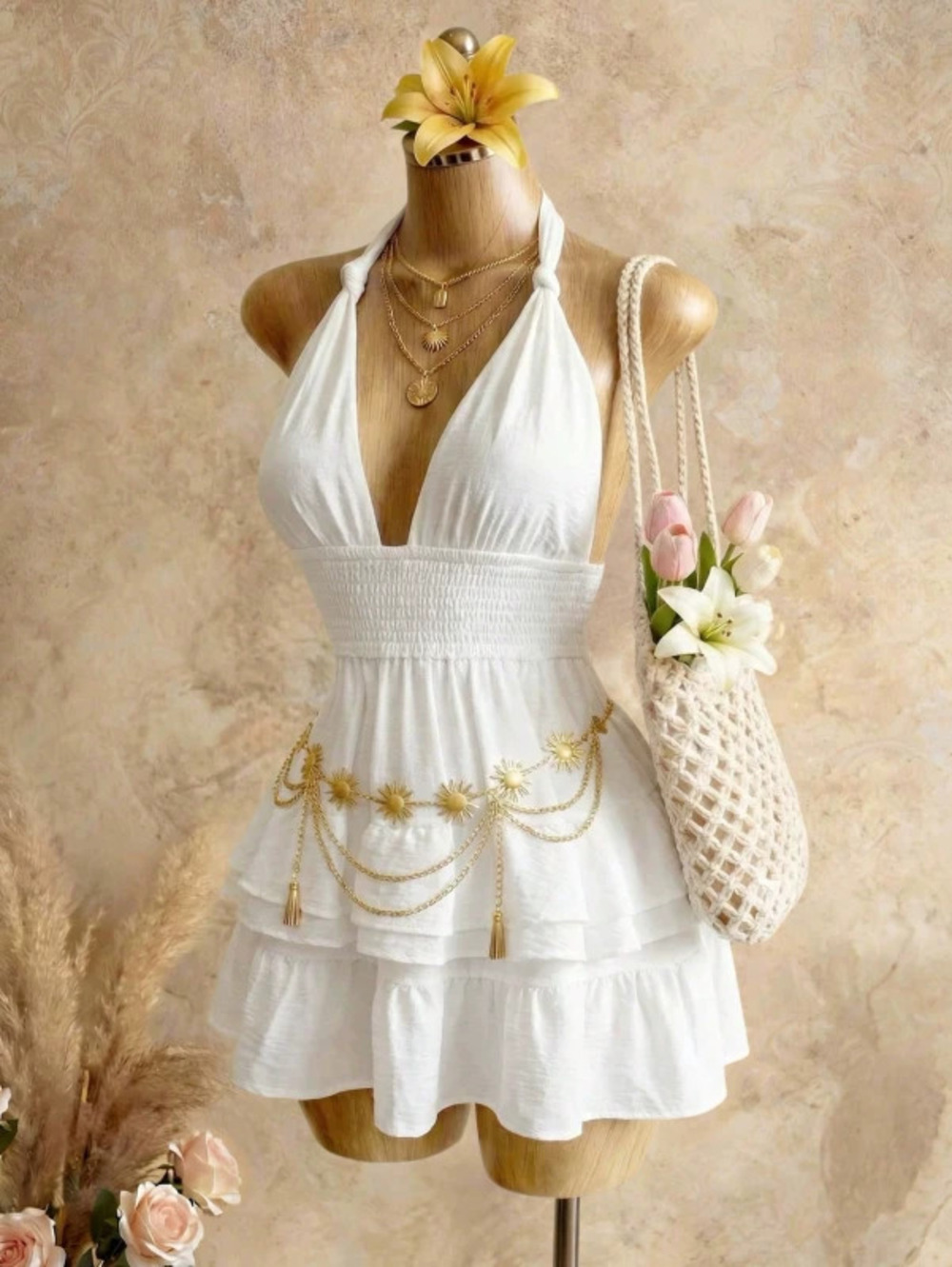 H&M Sexy Beach Vacation Halterneck Plunge Bodycon Solid Ruffled Dress